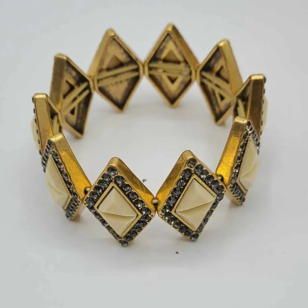 J Crew Off White Resin Black Crystal Diamond Stretch Bracelet